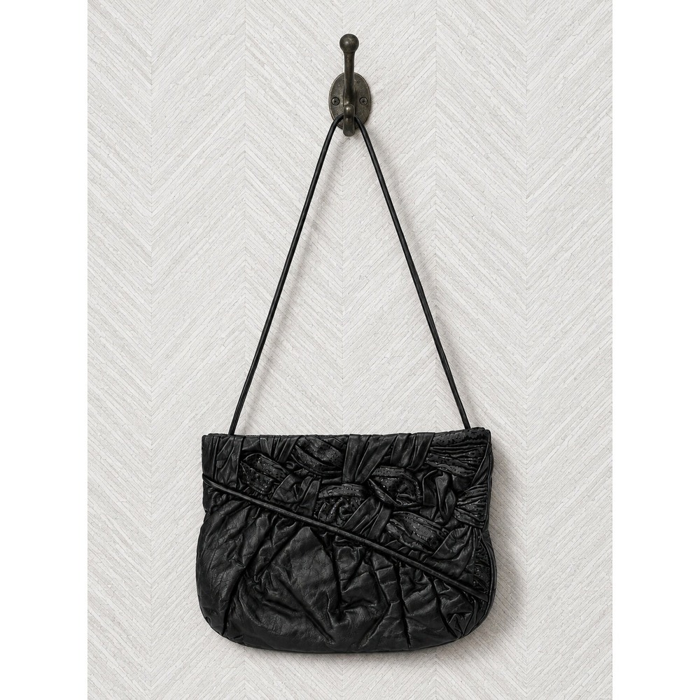 Vintage 80s Seven Handbags by Dimitri Black Ruched Leather, Pleated Avant-Garde‎